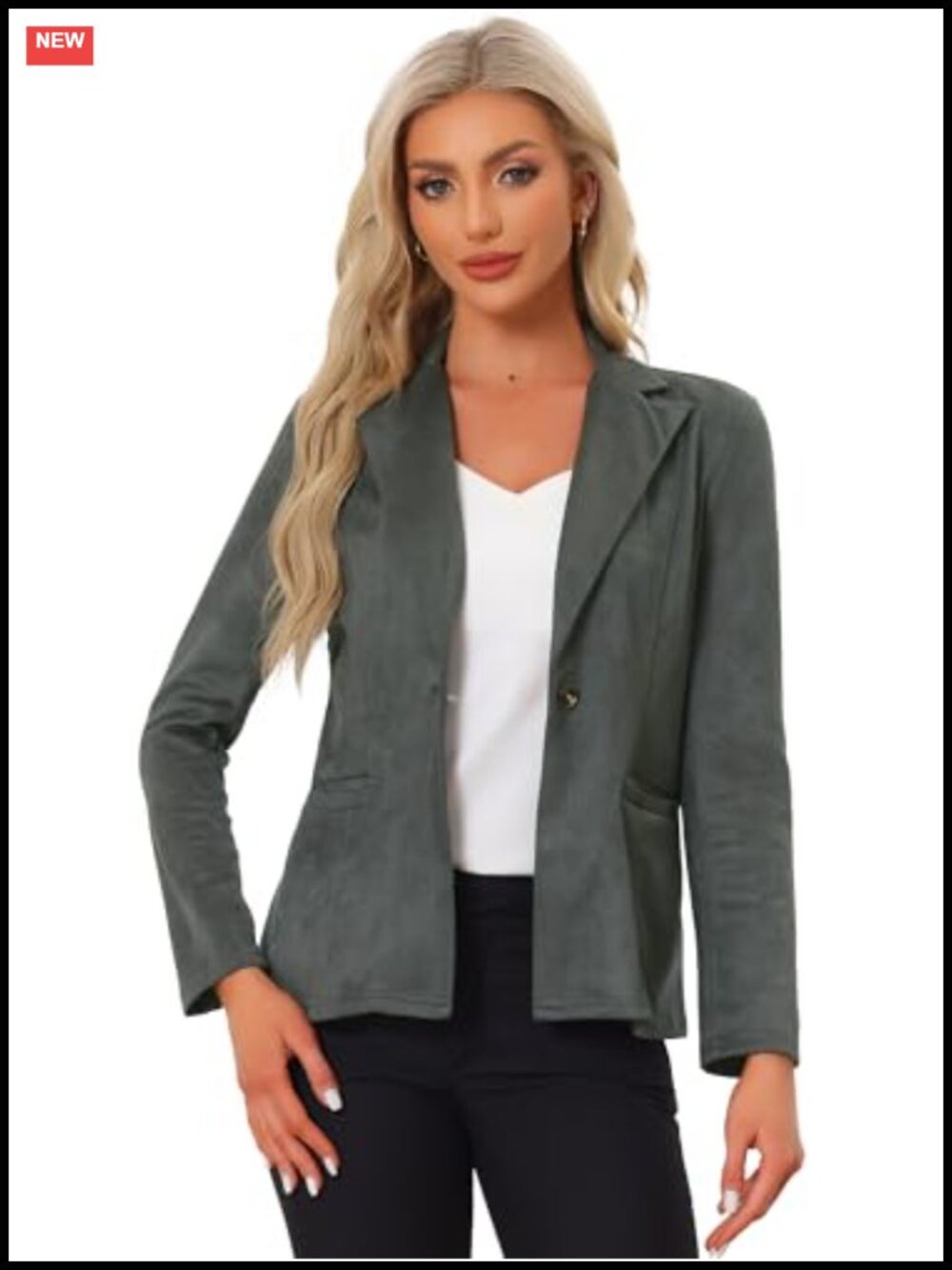 Faux Suede Blazer Women's Work Office Dressy Casual Long Sleeve Button Jacket
